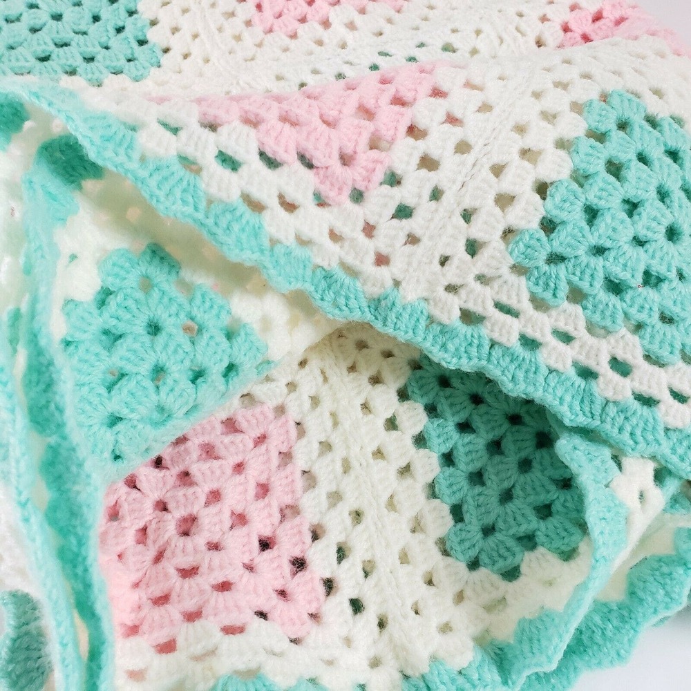 Crocheted Baby Lap Blanket Afghan Throw Handmade Pink Off-White Green 36” x 68” - Picture 3 of 6